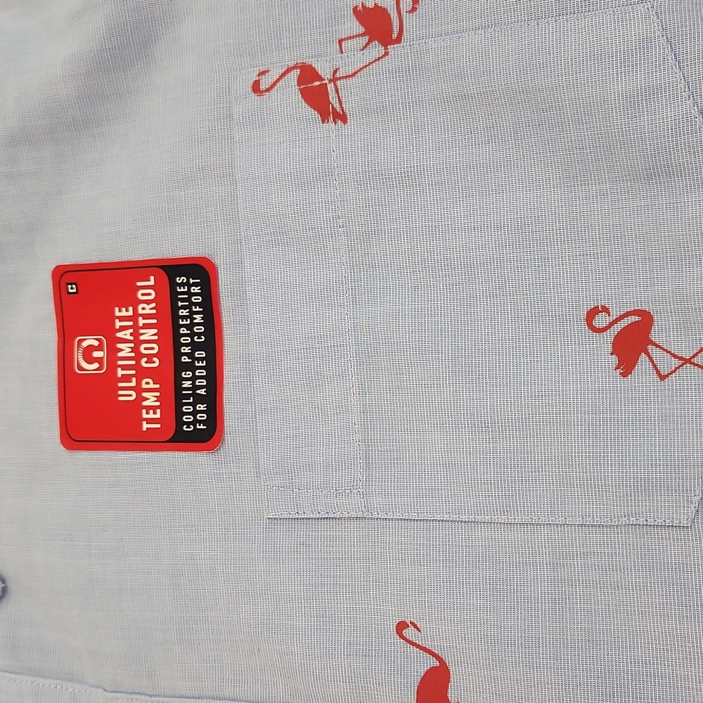 Chaps Easy Care Light Blue Red Flamingo Print Short Sleeve Shirt. Size L - Picture 3 of 11